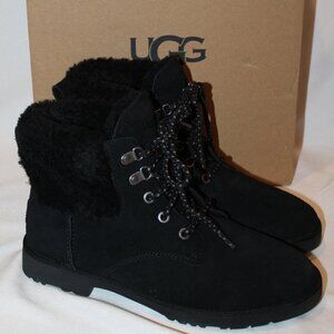 NIB UGG WOMEN'S ROMELY HERITAGE LACE UP‎ SUEDE SHEARLING LINED BOOTS BLACK